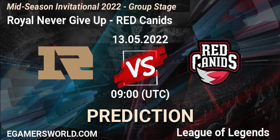 Pronósticos Royal Never Give Up - RED Canids. 12.05.2022 at 11:00. Mid-Season Invitational 2022 - Group Stage - LoL