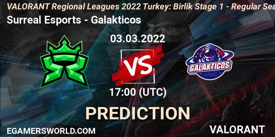 Pronósticos Surreal Esports - Galakticos. 03.03.2022 at 17:00. VALORANT Regional Leagues 2022 Turkey: Birlik Stage 1 - Regular Season - VALORANT