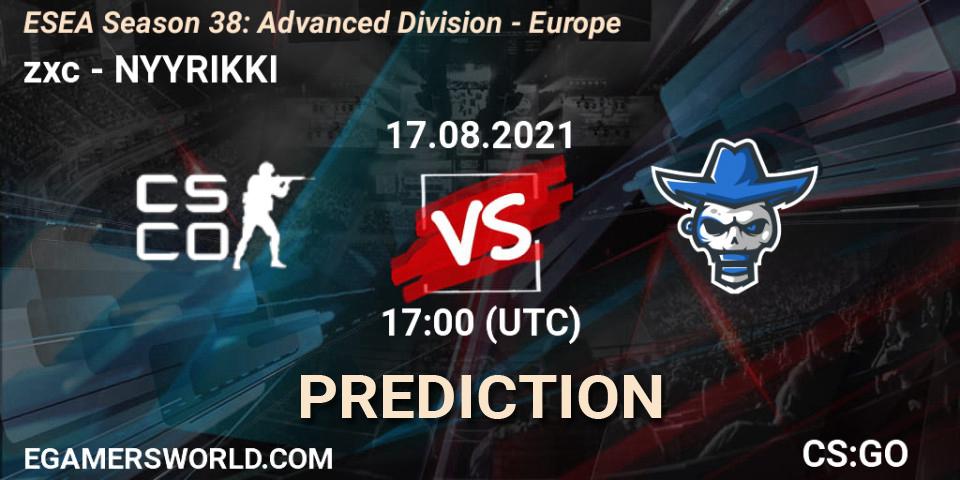 Pronósticos zxc - NYYRIKKI. 17.08.2021 at 17:00. ESEA Season 38: Advanced Division - Europe - Counter-Strike (CS2)