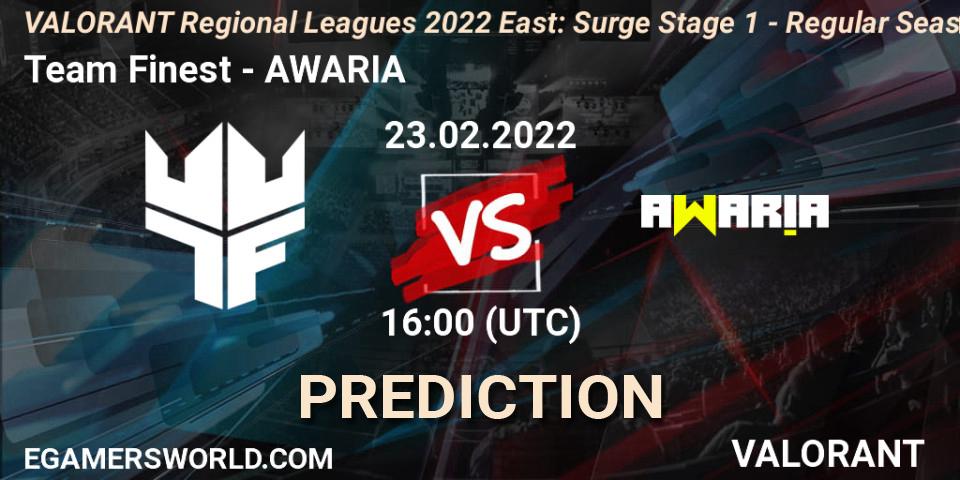 Pronósticos Team Finest - AWARIA. 23.02.2022 at 16:00. VALORANT Regional Leagues 2022 East: Surge Stage 1 - Regular Season - VALORANT