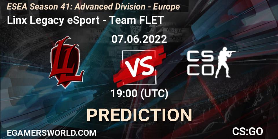Pronósticos Linx Legacy eSport - Team FLET. 07.06.2022 at 19:00. ESEA Season 41: Advanced Division - Europe - Counter-Strike (CS2)