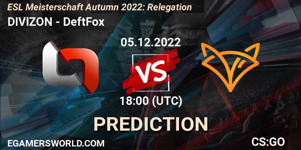Pronósticos DIVIZON - DeftFox. 05.12.2022 at 18:00. ESL Meisterschaft Autumn 2022: Relegation - Counter-Strike (CS2)
