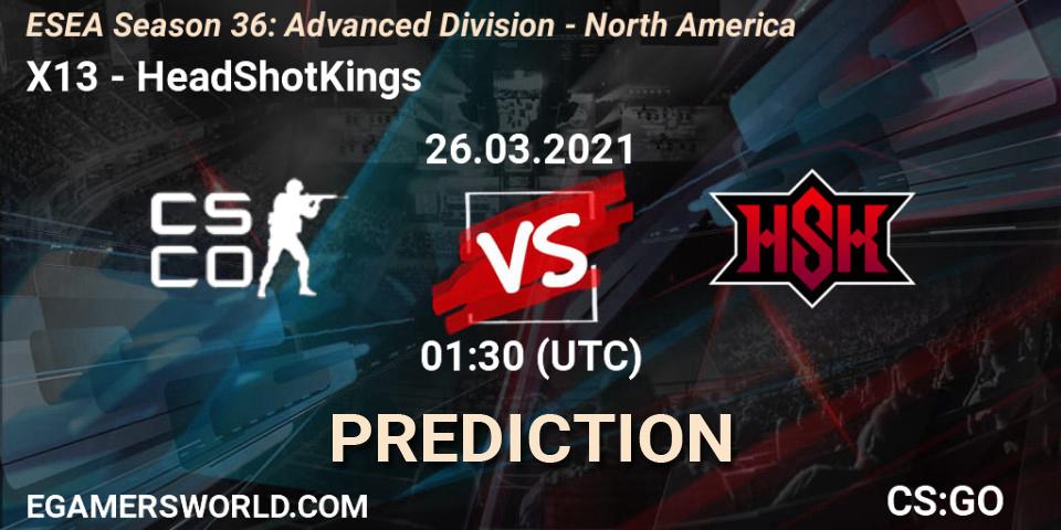 Pronósticos X13 - HeadShotKings. 26.03.2021 at 01:30. ESEA Season 36: Advanced Division - North America - Counter-Strike (CS2)