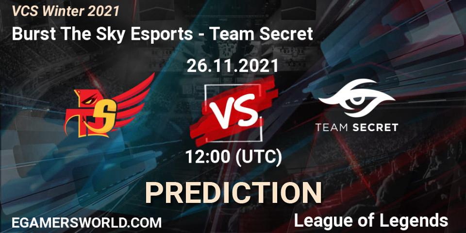 Pronósticos Burst The Sky Esports - Team Secret. 26.11.2021 at 12:00. VCS Winter 2021 - LoL