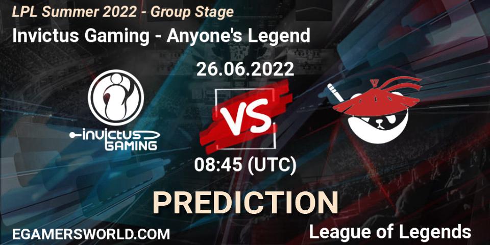 Pronósticos Invictus Gaming - Anyone's Legend. 26.06.22. LPL Summer 2022 - Group Stage - LoL