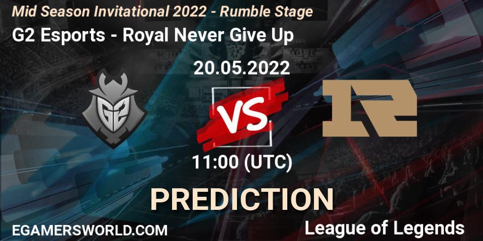 Pronósticos G2 Esports - Royal Never Give Up. 20.05.2022 at 11:20. Mid Season Invitational 2022 - Rumble Stage - LoL