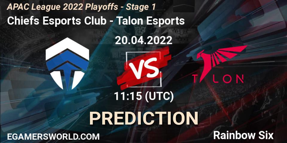 Pronósticos Chiefs Esports Club - Talon Esports. 20.04.2022 at 11:15. APAC League 2022 Playoffs - Stage 1 - Rainbow Six