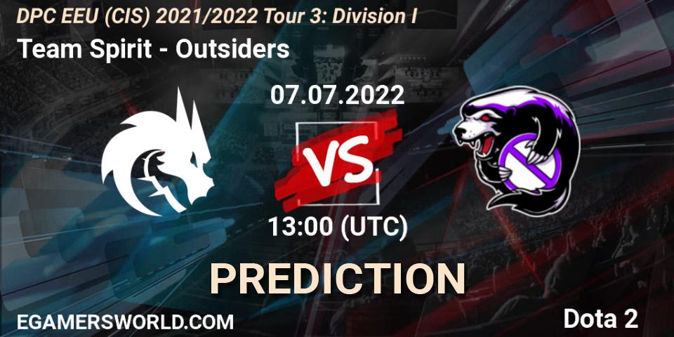 Pronósticos Team Spirit - Outsiders. 07.07.2022 at 13:16. DPC EEU (CIS) 2021/2022 Tour 3: Division I - Dota 2