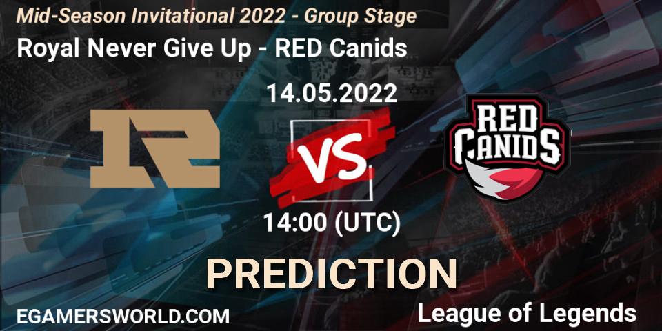Pronósticos Royal Never Give Up - RED Canids. 14.05.2022 at 13:50. Mid-Season Invitational 2022 - Group Stage - LoL