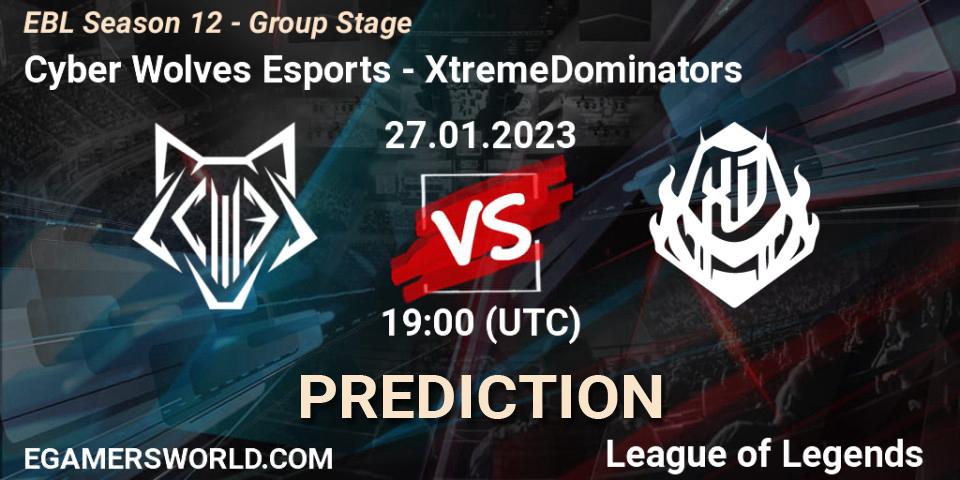 Pronósticos Cyber Wolves Esports - XtremeDominators. 27.01.2023 at 19:00. EBL Season 12 - Group Stage - LoL