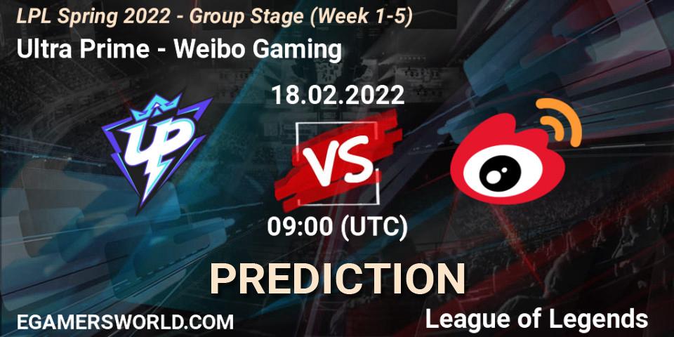 Pronósticos Ultra Prime - Weibo Gaming. 18.02.2022 at 10:20. LPL Spring 2022 - Group Stage (Week 1-5) - LoL