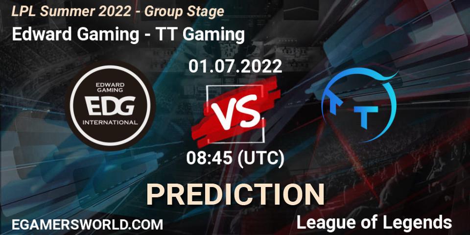Pronósticos Edward Gaming - TT Gaming. 01.07.2022 at 09:00. LPL Summer 2022 - Group Stage - LoL