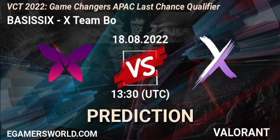 Pronósticos BASISSIX - X Team Bo. 18.08.2022 at 13:30. VCT 2022: Game Changers APAC Last Chance Qualifier - VALORANT