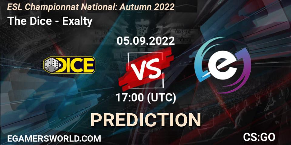 Pronósticos The Dice - Exalty. 05.09.2022 at 17:00. ESL Championnat National: Autumn 2022 - Counter-Strike (CS2)