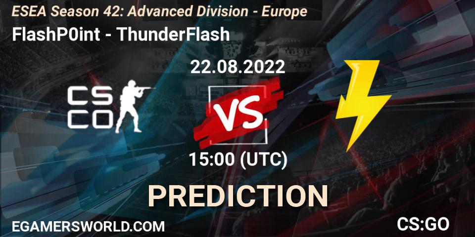 Pronósticos FlashP0int - ThunderFlash. 22.08.2022 at 15:00. ESEA Season 42: Advanced Division - Europe - Counter-Strike (CS2)