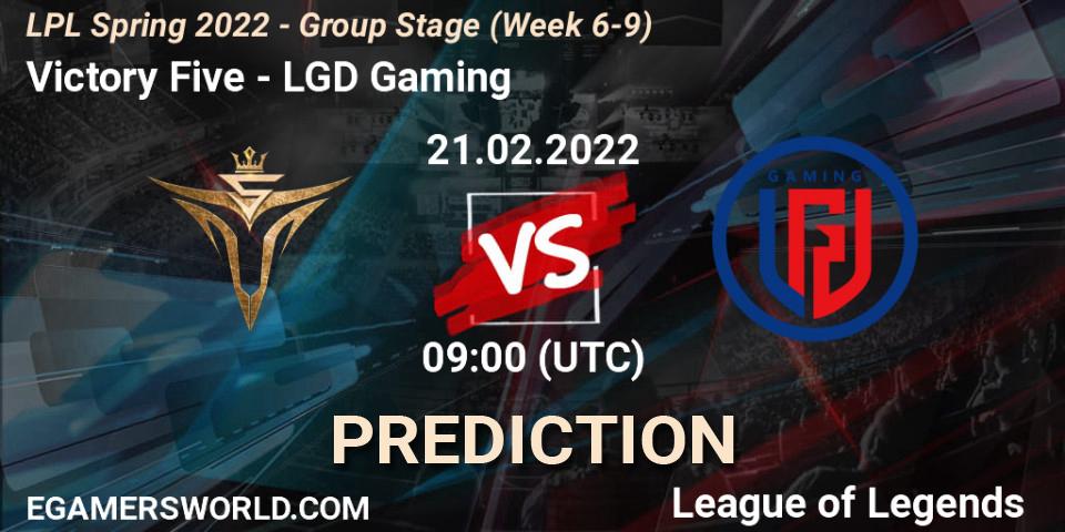 Pronósticos Victory Five - LGD Gaming. 21.02.2022 at 09:00. LPL Spring 2022 - Group Stage (Week 6-9) - LoL