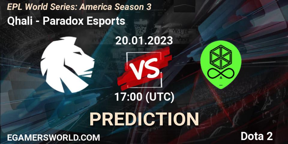 Pronósticos Qhali - Paradox Esports. 20.01.2023 at 17:03. EPL World Series: America Season 3 - Dota 2