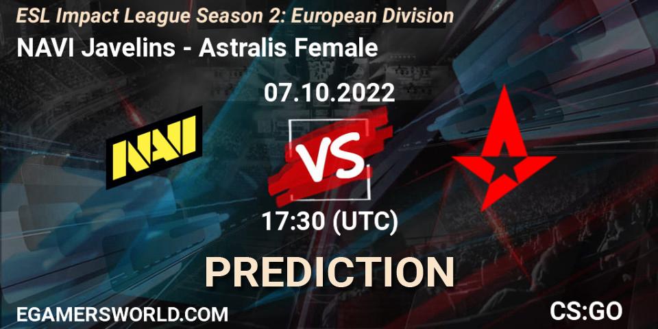 Pronósticos NAVI Javelins - Astralis Female. 07.10.2022 at 17:30. ESL Impact League Season 2: European Division - Counter-Strike (CS2)