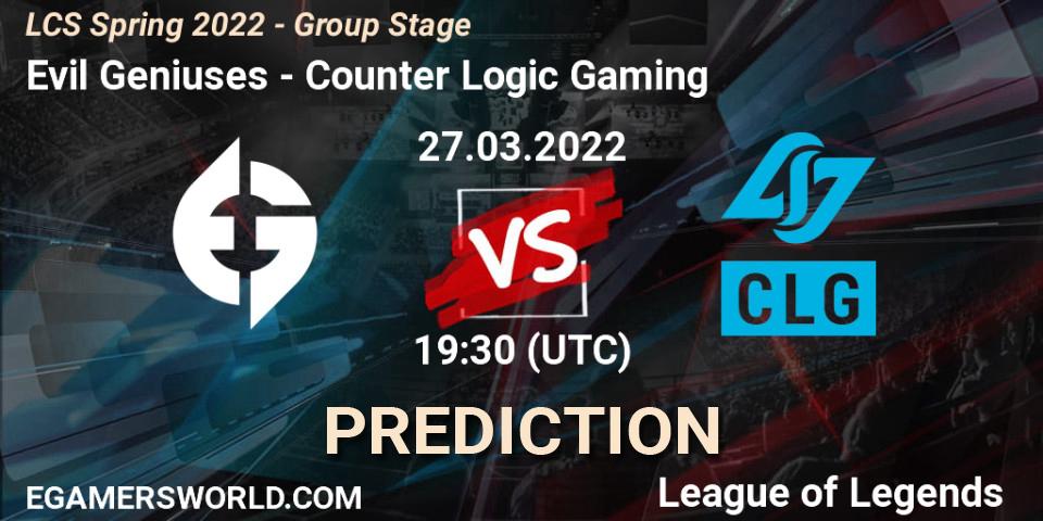 Pronósticos Evil Geniuses - Counter Logic Gaming. 27.03.22. LCS Spring 2022 - Group Stage - LoL