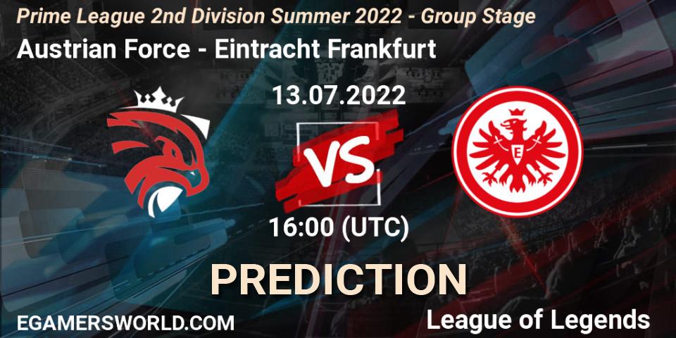 Pronósticos Austrian Force - Eintracht Frankfurt. 13.07.2022 at 16:00. Prime League 2nd Division Summer 2022 - Group Stage - LoL