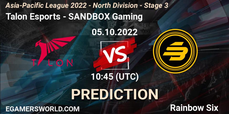 Pronósticos Talon Esports - SANDBOX Gaming. 05.10.2022 at 10:45. Asia-Pacific League 2022 - North Division - Stage 3 - Rainbow Six