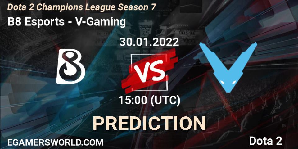 Pronósticos B8 Esports - V-Gaming. 30.01.2022 at 15:02. Dota 2 Champions League 2022 Season 7 - Dota 2