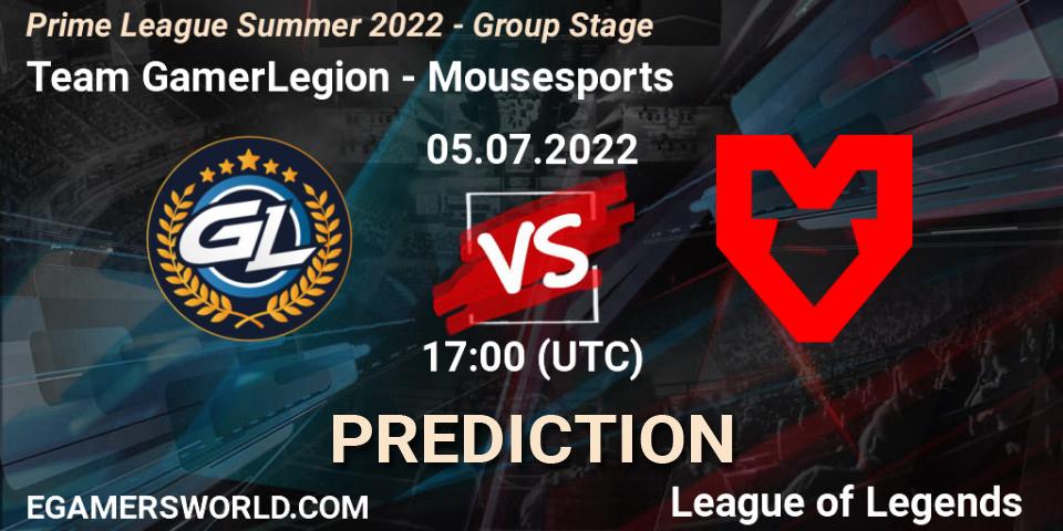 Pronósticos Team GamerLegion - Mousesports. 05.07.2022 at 17:00. Prime League Summer 2022 - Group Stage - LoL