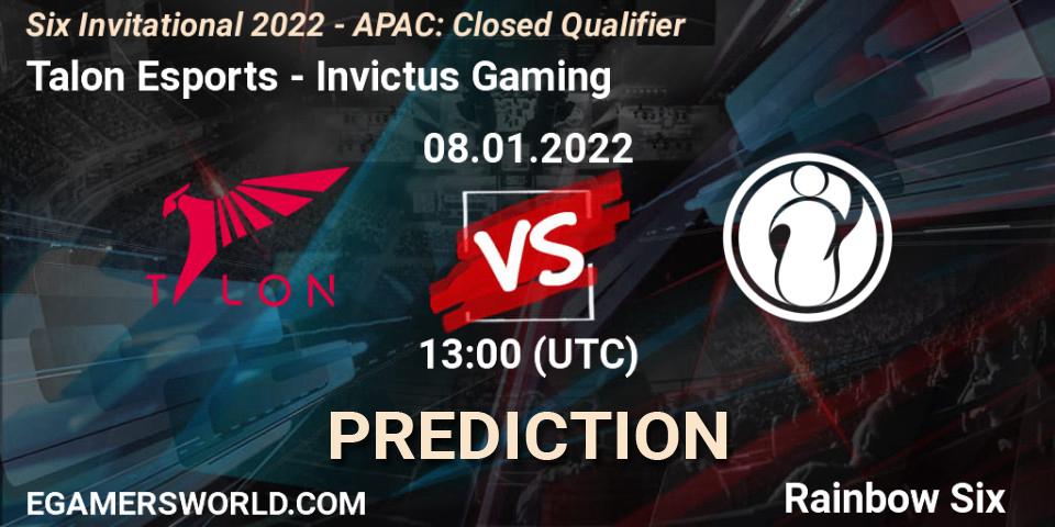 Pronósticos Talon Esports - Invictus Gaming. 08.01.2022 at 13:00. Six Invitational 2022 - APAC: Closed Qualifier - Rainbow Six