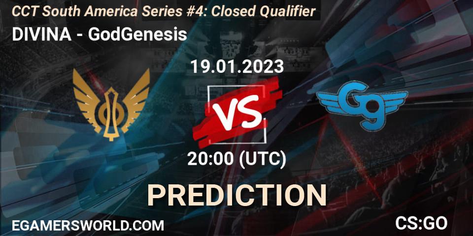 Pronósticos DIVINA - GodGenesis. 19.01.2023 at 20:00. CCT South America Series #4: Closed Qualifier - Counter-Strike (CS2)