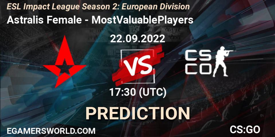Pronósticos Astralis Female - MostValuablePlayers. 22.09.2022 at 17:30. ESL Impact League Season 2: European Division - Counter-Strike (CS2)