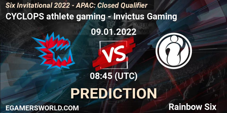 Pronósticos CYCLOPS athlete gaming - Invictus Gaming. 09.01.2022 at 09:00. Six Invitational 2022 - APAC: Closed Qualifier - Rainbow Six