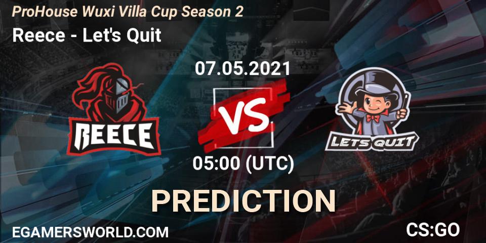 Pronósticos Reece - Let's Quit. 07.05.2021 at 06:00. ProHouse Wuxi Villa Cup Season 2 - Counter-Strike (CS2)