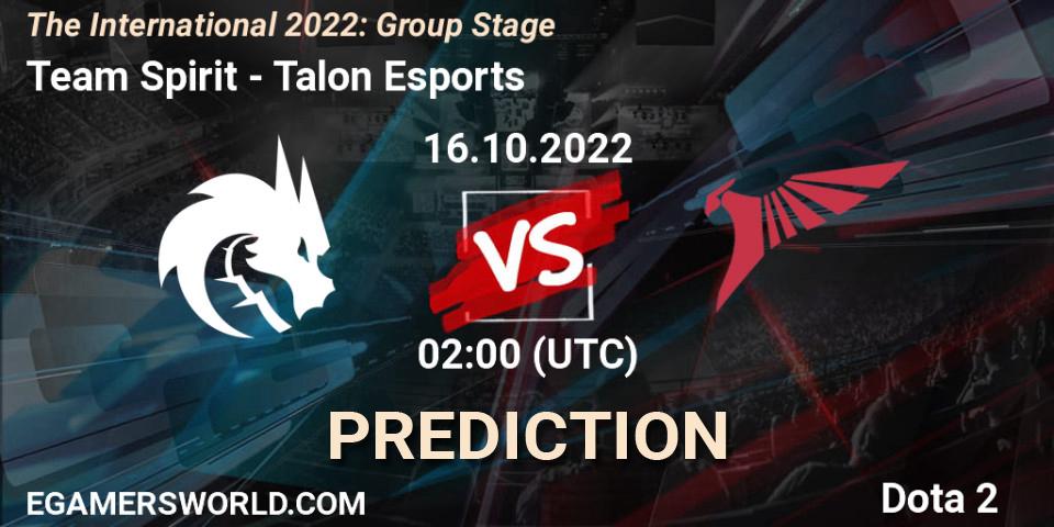 Pronósticos Team Spirit - Talon Esports. 16.10.2022 at 02:02. The International 2022: Group Stage - Dota 2