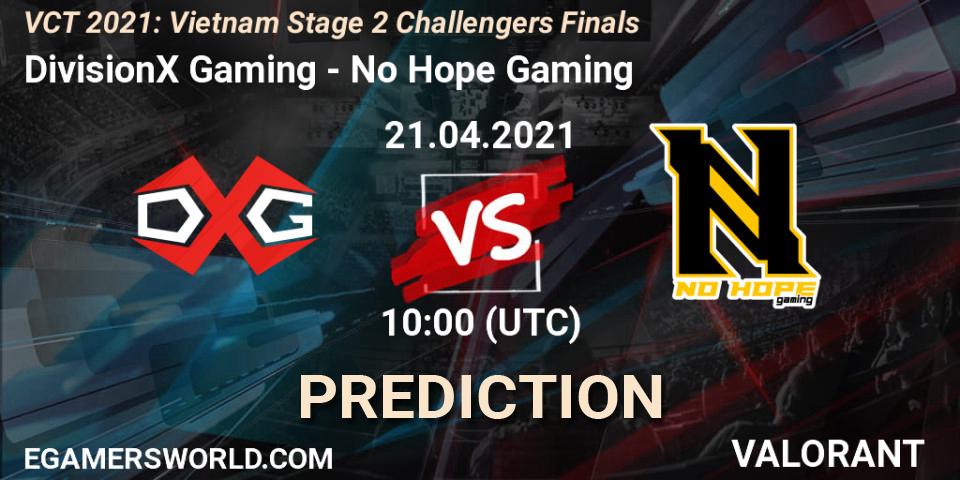 Pronósticos DivisionX Gaming - No Hope Gaming. 21.04.2021 at 11:00. VCT 2021: Vietnam Stage 2 Challengers Finals - VALORANT