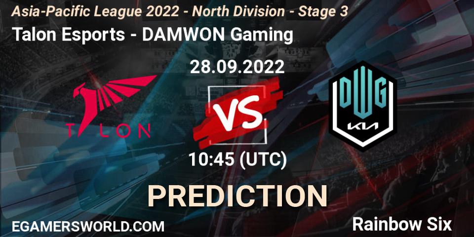 Pronósticos Talon Esports - DAMWON Gaming. 28.09.2022 at 10:45. Asia-Pacific League 2022 - North Division - Stage 3 - Rainbow Six