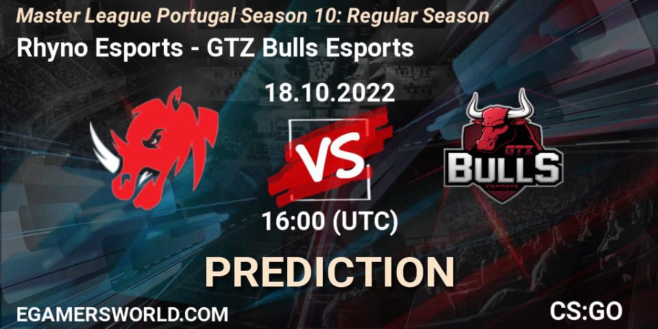 Pronósticos Rhyno Esports - GTZ Bulls Esports. 18.10.2022 at 16:00. Master League Portugal Season 10: Regular Season - Counter-Strike (CS2)