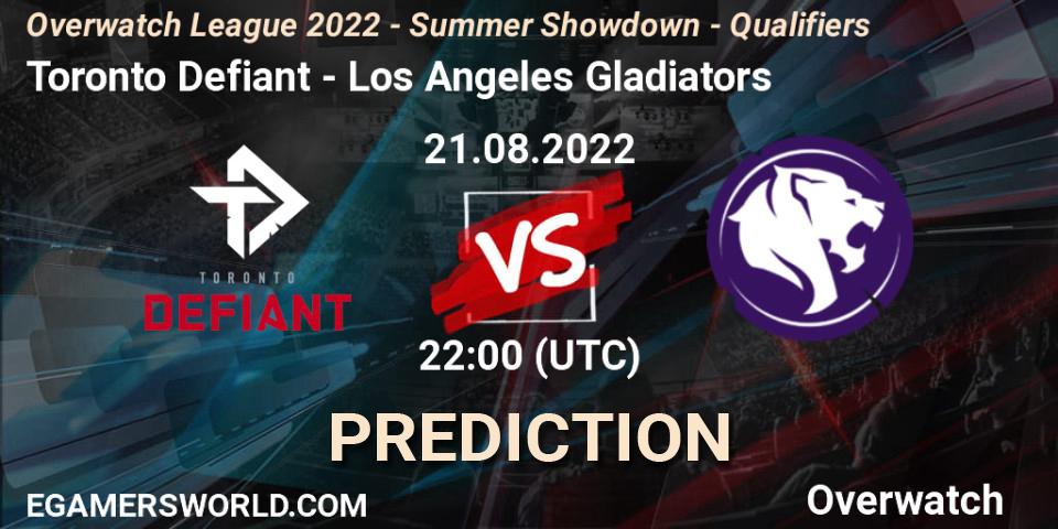 Pronósticos Toronto Defiant - Los Angeles Gladiators. 21.08.2022 at 22:00. Overwatch League 2022 - Summer Showdown - Qualifiers - Overwatch