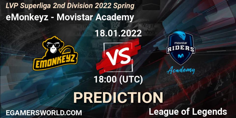 Pronósticos eMonkeyz - Movistar Academy. 19.01.2022 at 18:00. LVP Superliga 2nd Division 2022 Spring - LoL