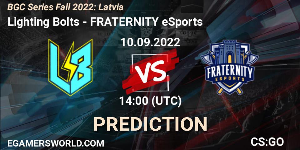 Pronósticos Lighting Bolts - FRATERNITY eSports. 10.09.2022 at 14:00. BGC Series Fall 2022: Latvia - Counter-Strike (CS2)