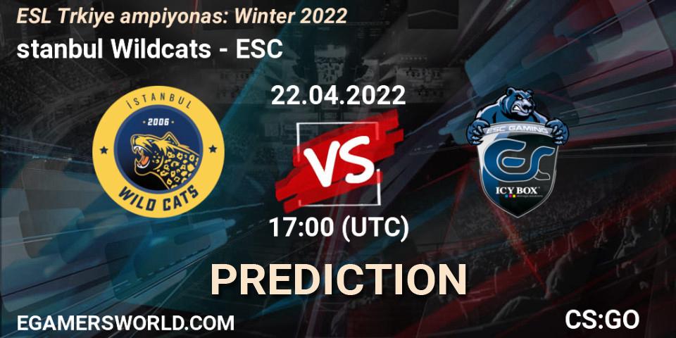 Pronósticos İstanbul Wildcats - ESC. 22.04.2022 at 17:00. ESL Türkiye Şampiyonası: Winter 2022 - Counter-Strike (CS2)