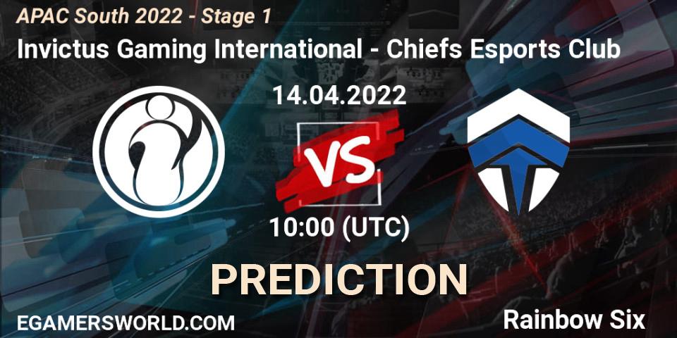 Pronósticos Invictus Gaming International - Chiefs Esports Club. 14.04.2022 at 10:00. APAC South 2022 - Stage 1 - Rainbow Six