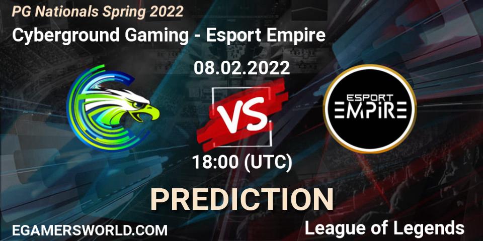Pronósticos Cyberground Gaming - Esport Empire. 08.02.2022 at 18:00. PG Nationals Spring 2022 - LoL
