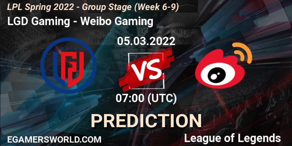 Pronósticos LGD Gaming - Weibo Gaming. 05.03.2022 at 07:00. LPL Spring 2022 - Group Stage (Week 6-9) - LoL