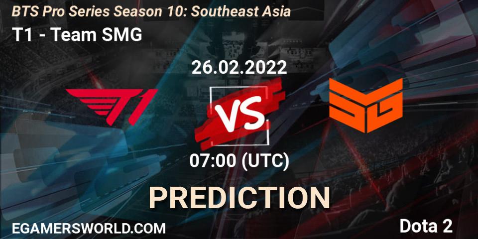 Pronósticos T1 - Team SMG. 26.02.2022 at 07:00. BTS Pro Series Season 10: Southeast Asia - Dota 2