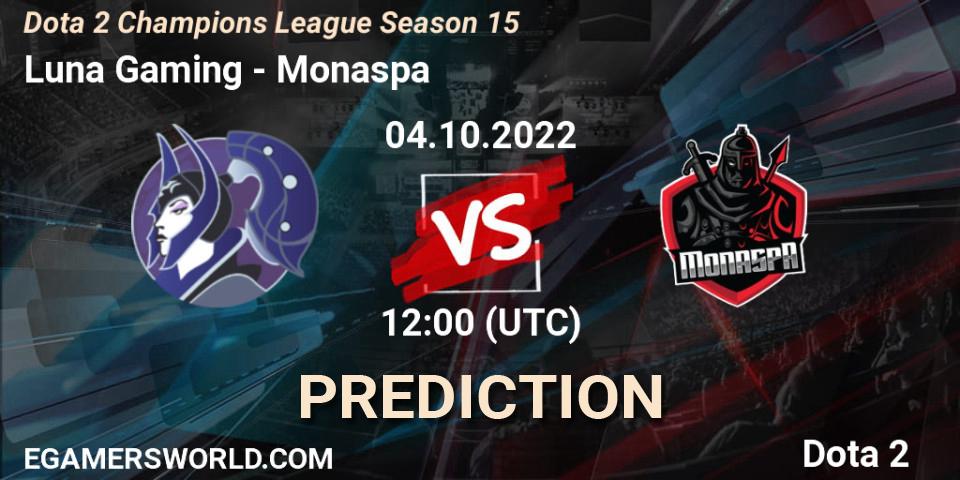 Pronósticos Luna Gaming - Monaspa. 04.10.2022 at 12:00. Dota 2 Champions League Season 15 - Dota 2