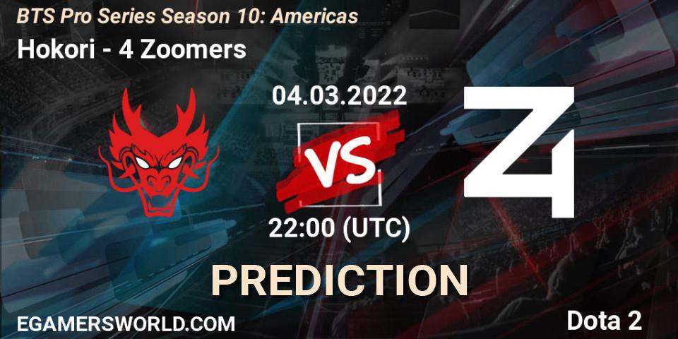 Pronósticos Hokori - 4 Zoomers. 04.03.2022 at 22:03. BTS Pro Series Season 10: Americas - Dota 2