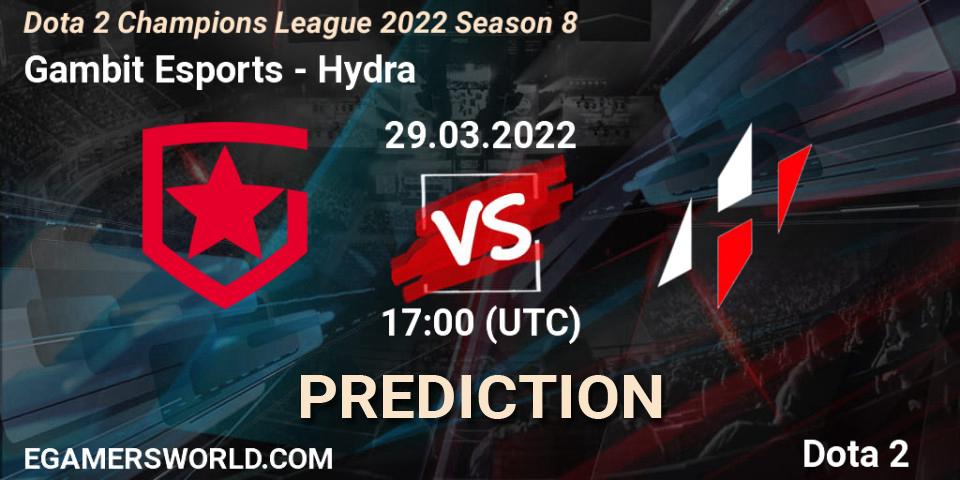 Pronósticos Gambit Esports - Hydra. 29.03.2022 at 17:31. Dota 2 Champions League 2022 Season 8 - Dota 2