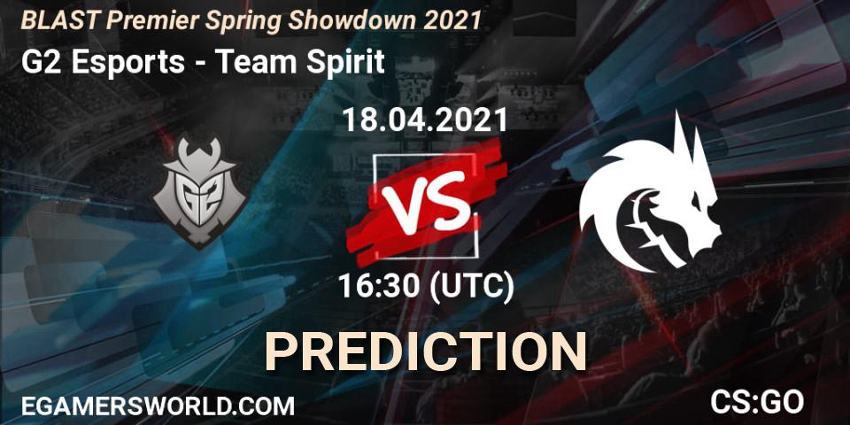 Pronósticos G2 Esports - Team Spirit. 18.04.2021 at 13:30. BLAST Premier Spring Showdown 2021 - Counter-Strike (CS2)