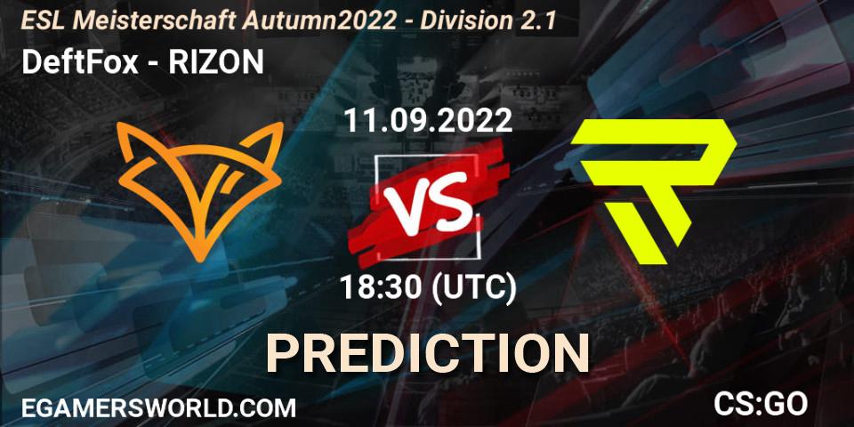 Pronósticos DeftFox - RIZON. 11.09.2022 at 18:30. ESL Meisterschaft Autumn 2022 - Division 2.1 - Counter-Strike (CS2)