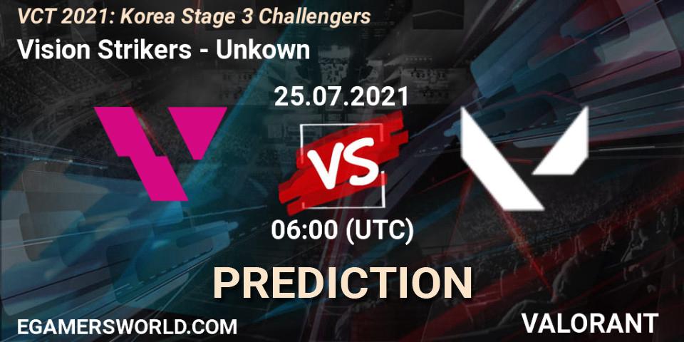 Pronósticos Vision Strikers - Unkown. 25.07.2021 at 06:00. VCT 2021: Korea Stage 3 Challengers - VALORANT
